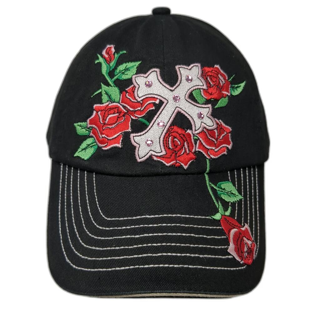 M&F Western Products Black Baseball Cap One Size Cross Rose Rhinestone Studs Hat